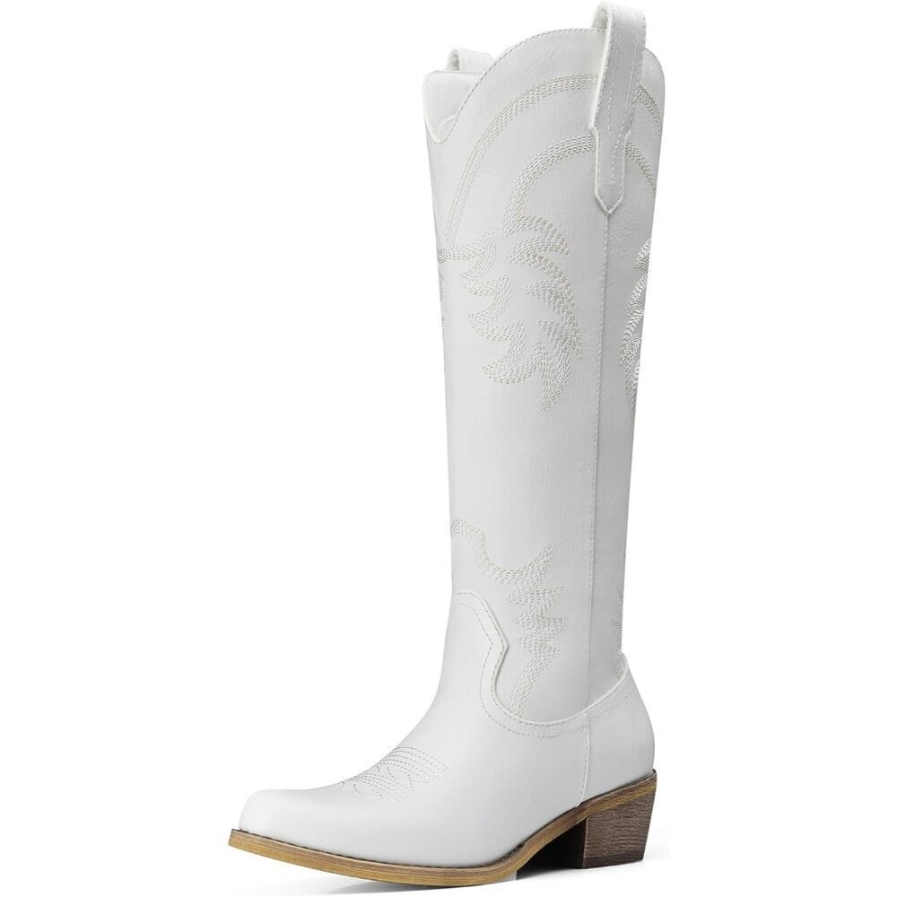 Women's White Comfortable Pointed Toe Knee High Cowgirl Boots Chunky Low Heel